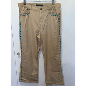 Women's Lauren Jeans Co turquoise Beaded 5 pocket tan jeans Size 14 Southwest